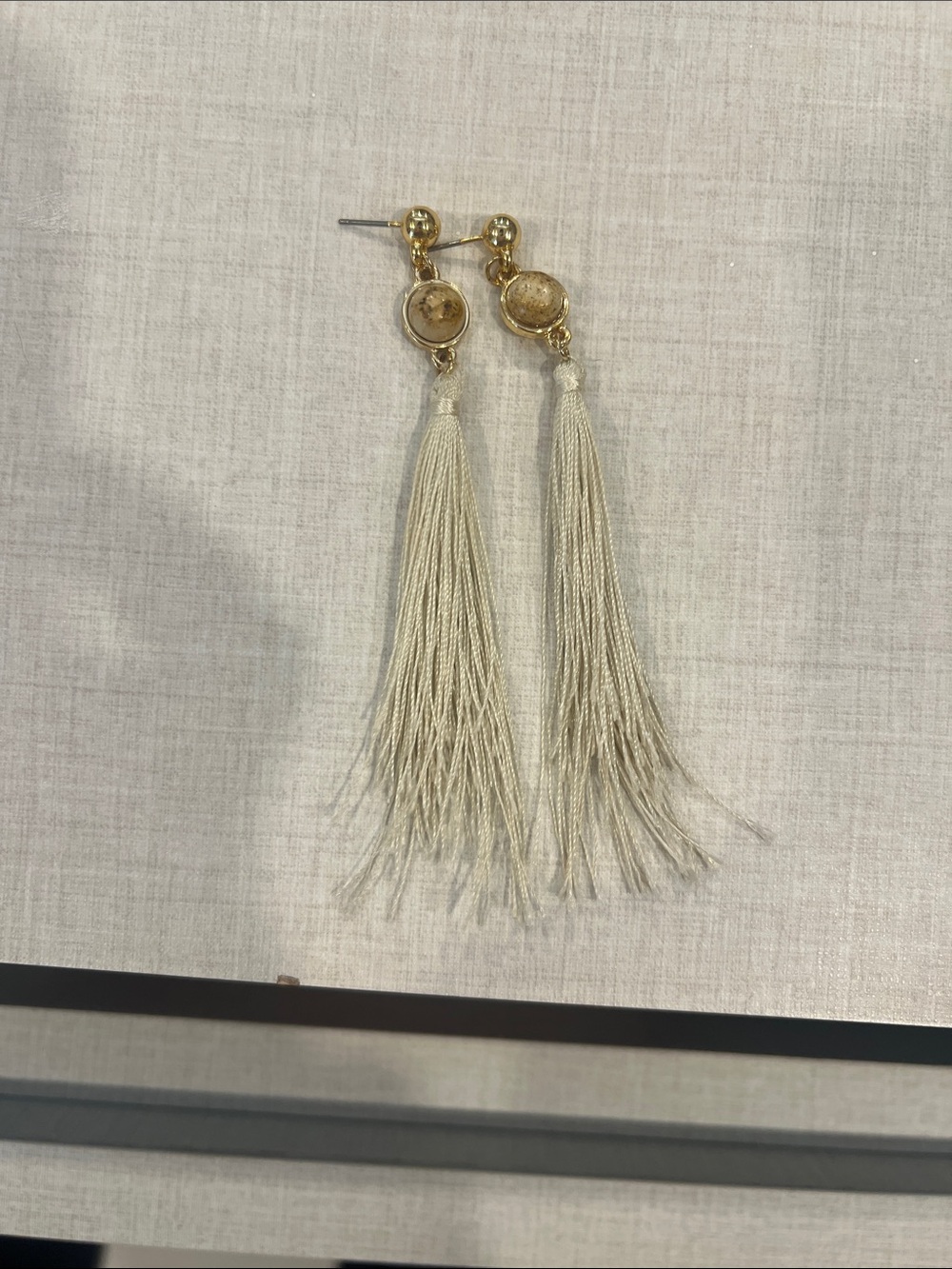 Gold Drop Tassel Earrings in Cream